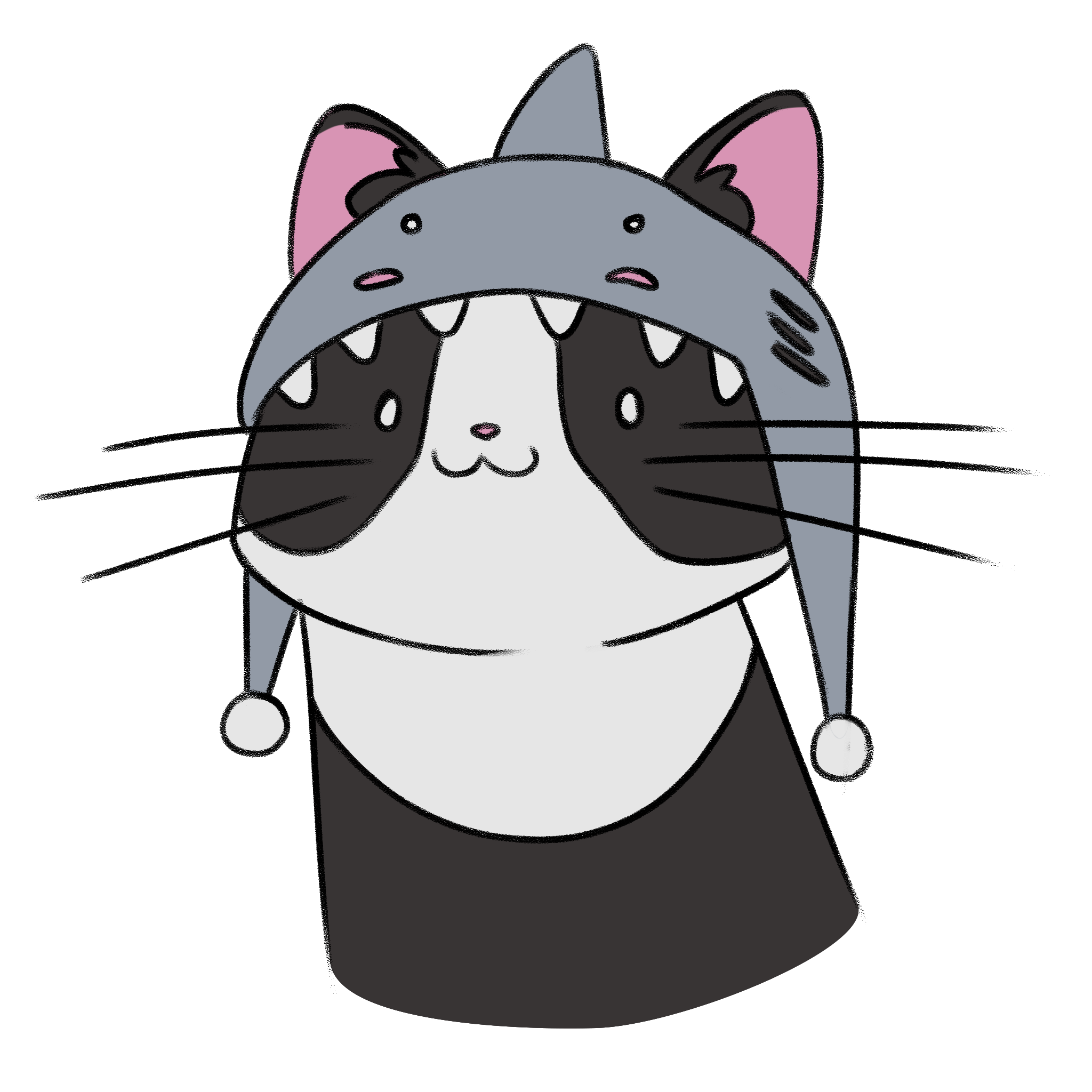 A drawing of a black and white cat with a shork hat