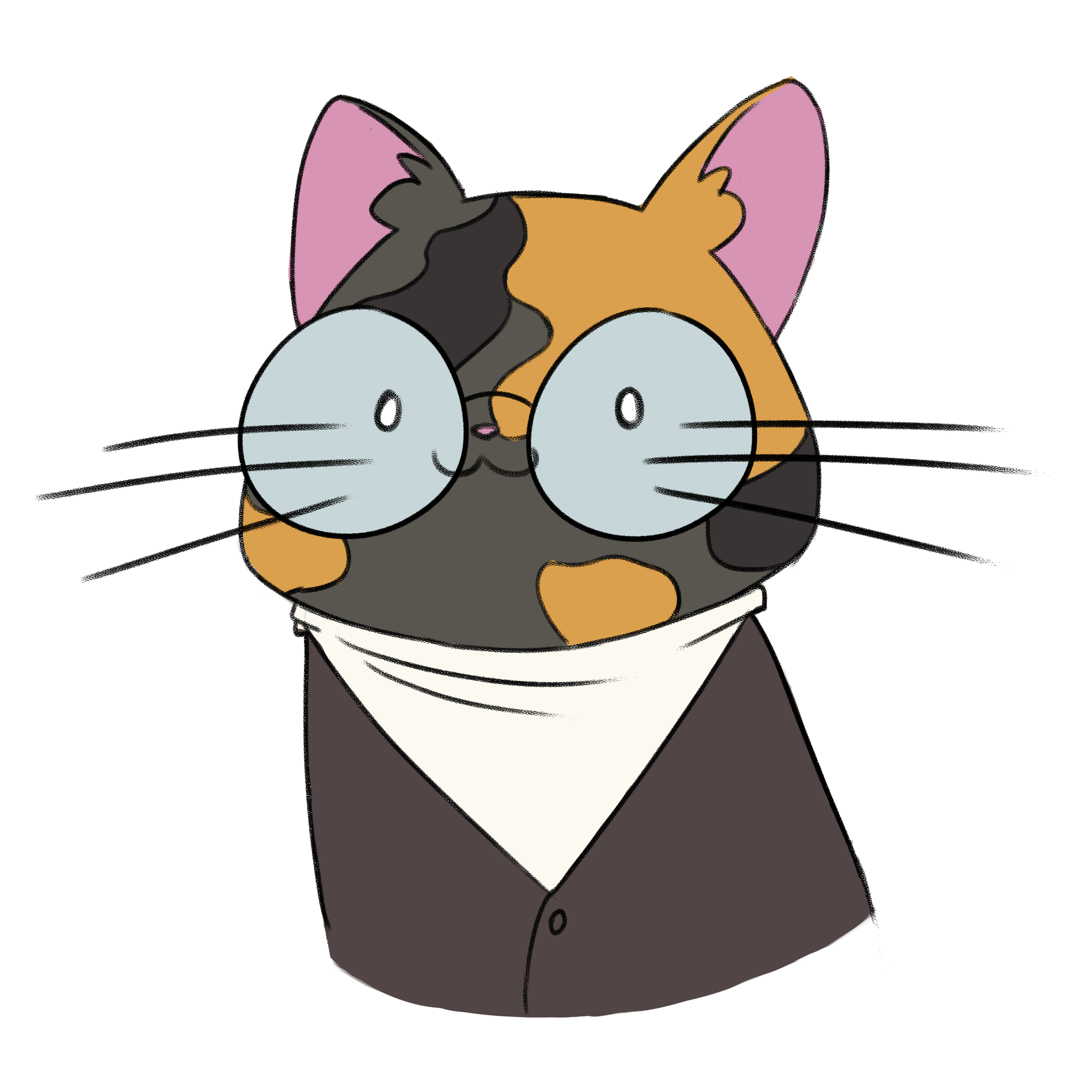 A drawing of a gray, orange and black cat with a sweater and glases