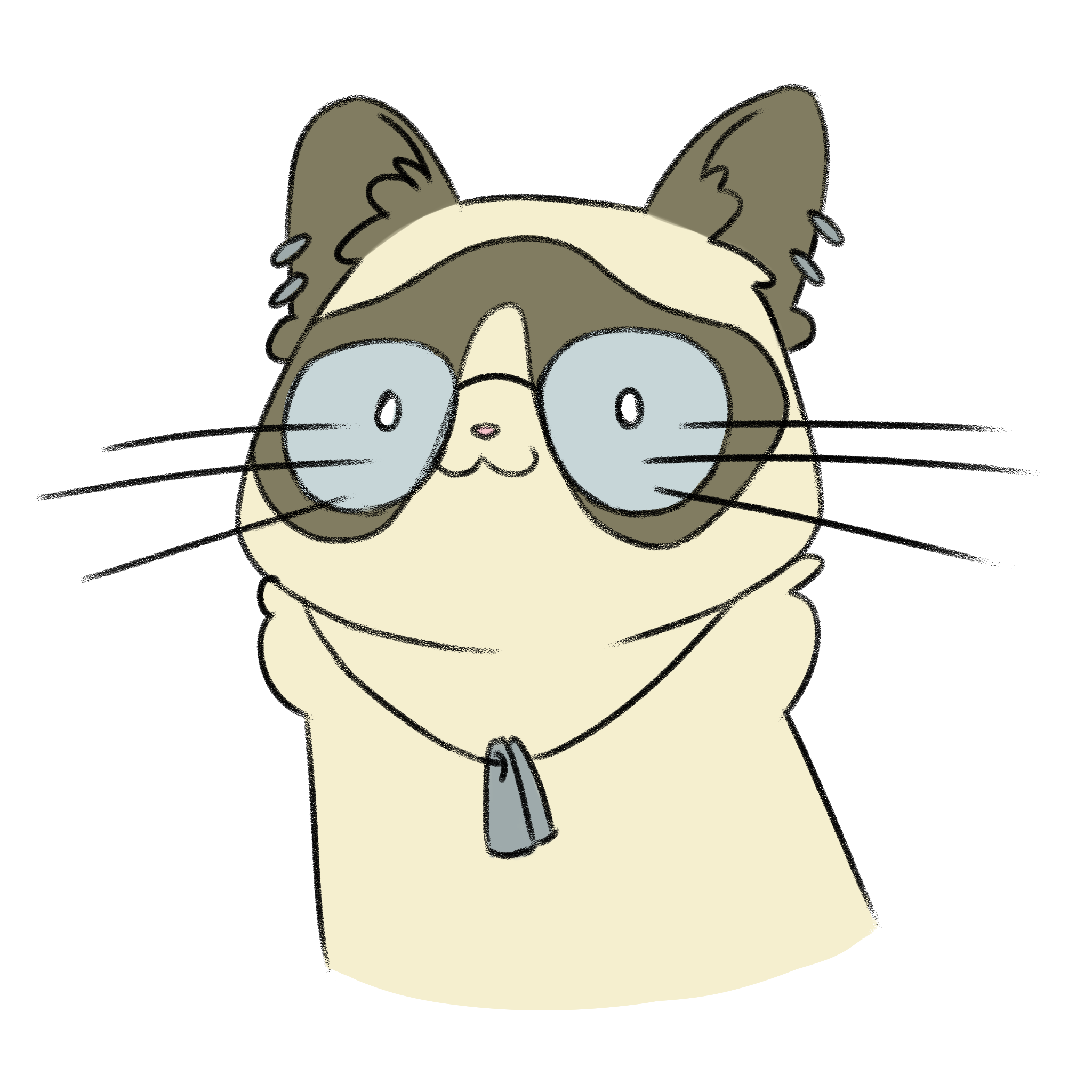 A drawing of a cream cat with dark fur around the eyes and on the ears, and glases