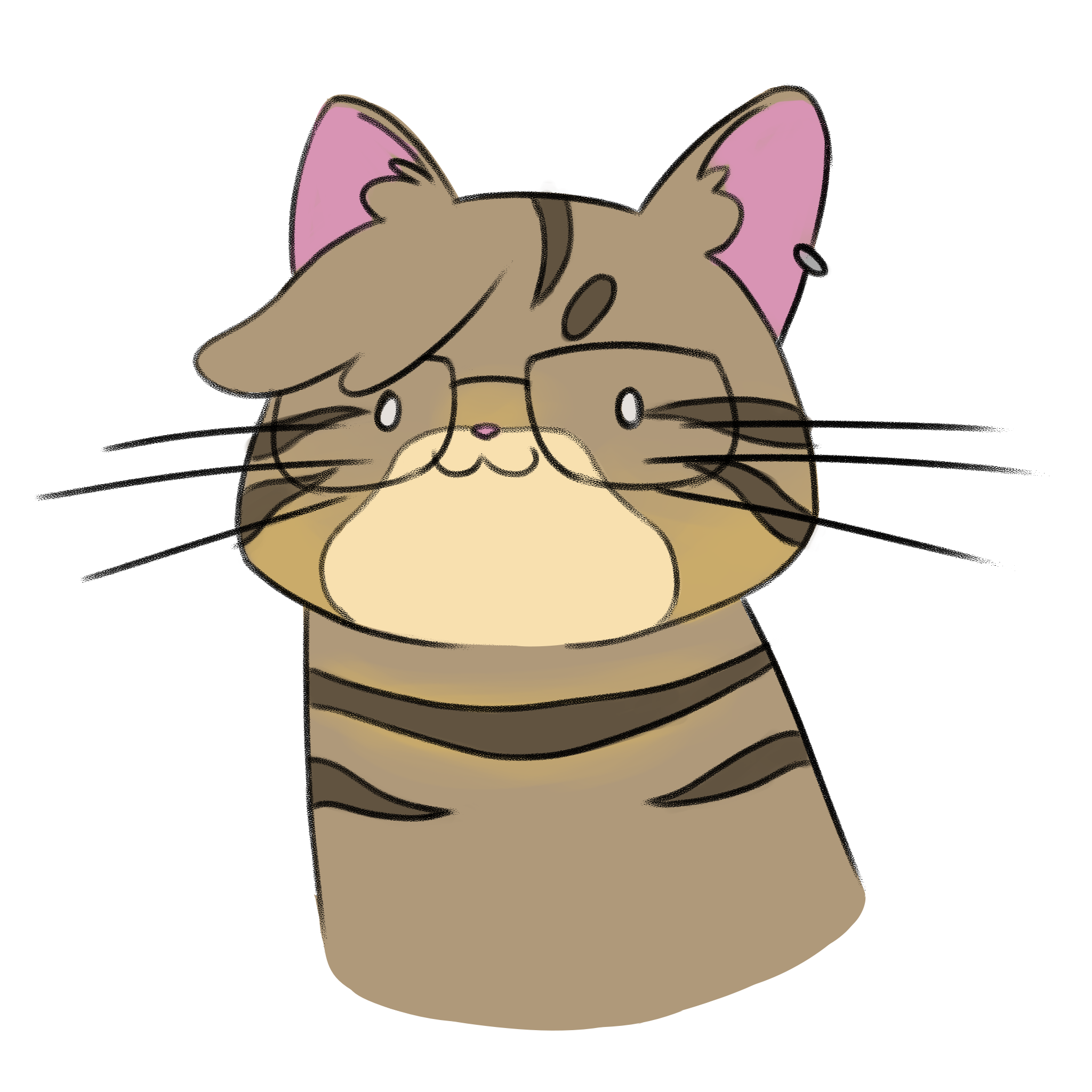 A drawing of a stripped brown cat with glasses